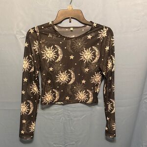 Black Celestial Print sheer Long Sleeve cropped Top size medium